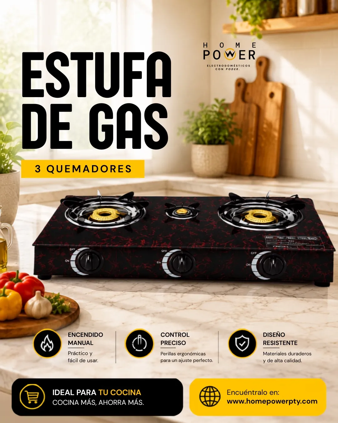 Estufa de gas Home Power de 3 quemadores